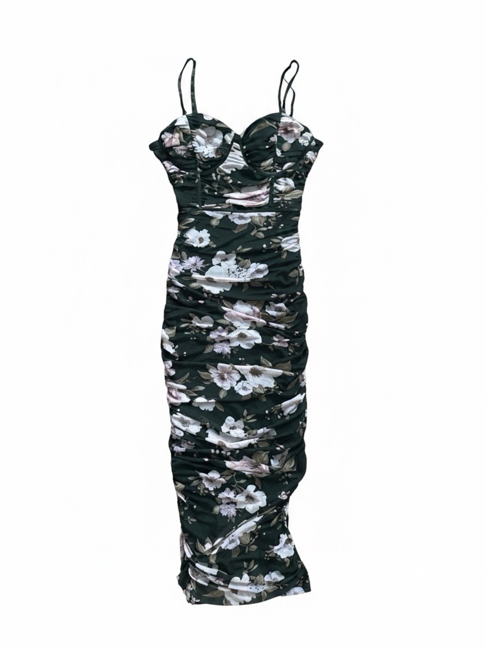 privy Black Floral Ruched Midi Dress with Spaghetti Straps